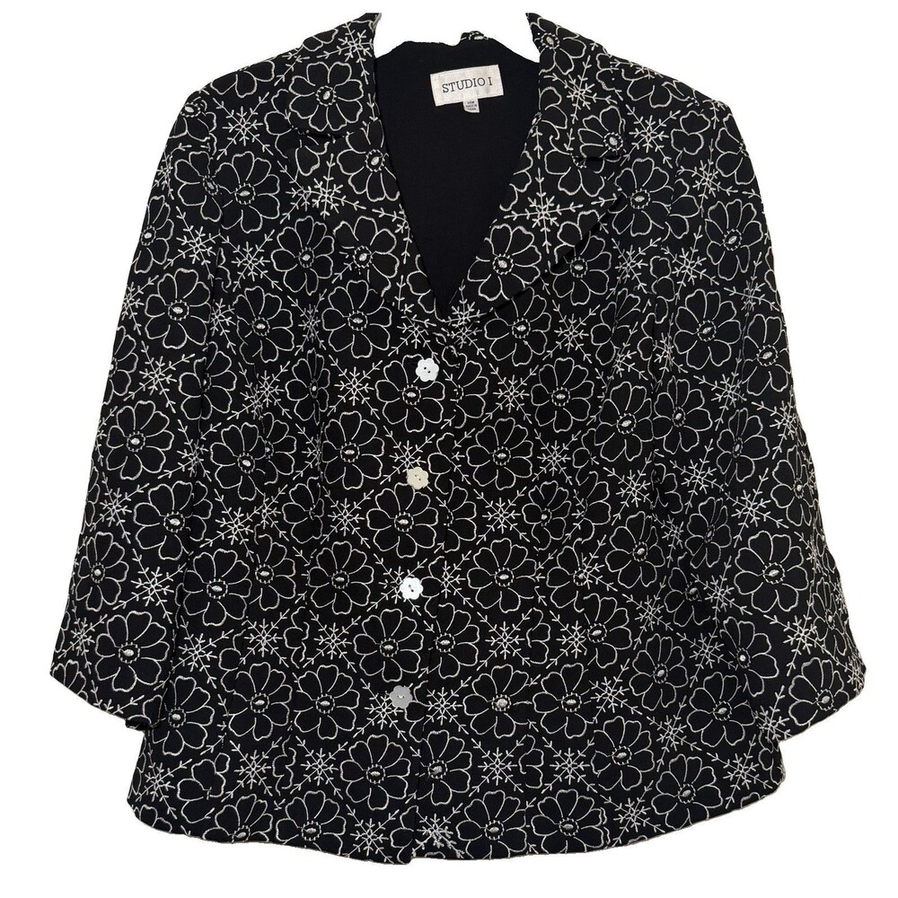 Studio I Jacket Womens 14W Black White Floral Embroidered Button Front Career